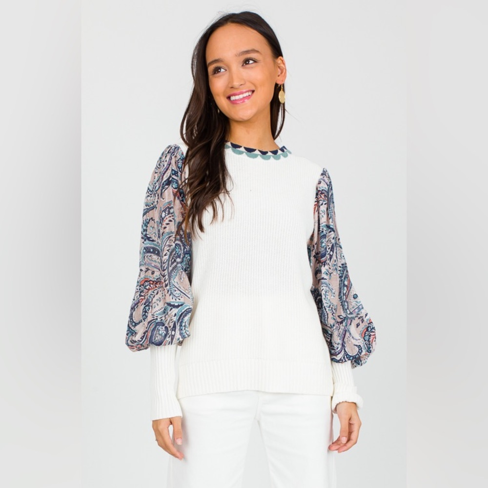 NWT Fate White Sweater with Multi-Color Paisley Statement Sleeves - Picture 4 of 6